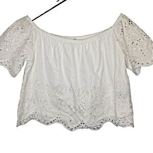 SMELL THE ROSES Blouse Cropped Embroidered Eyelet Off Shoulder Womens M White